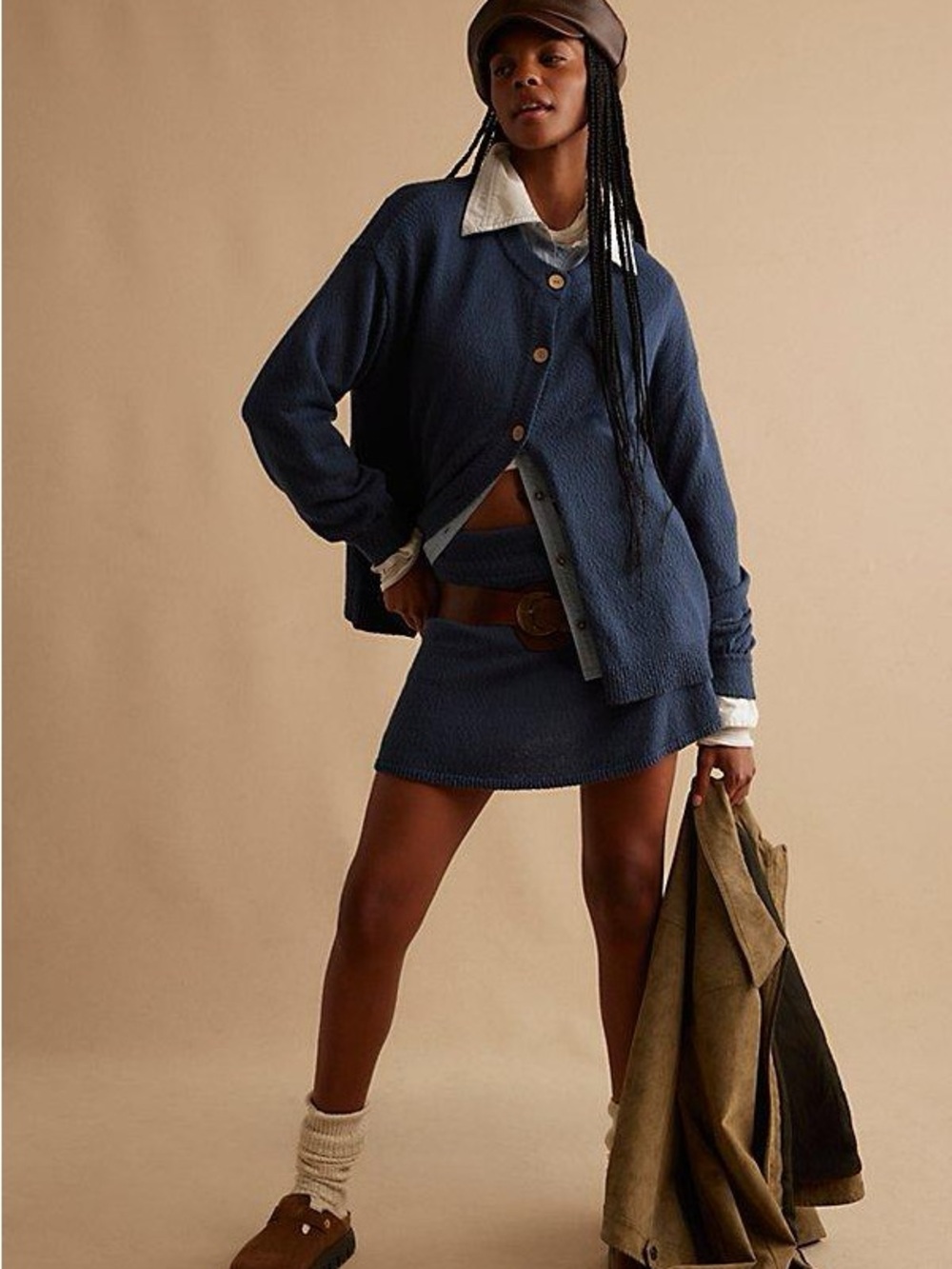 Free People Navy Blue Knit Cardigan & Mini Skirt Set
